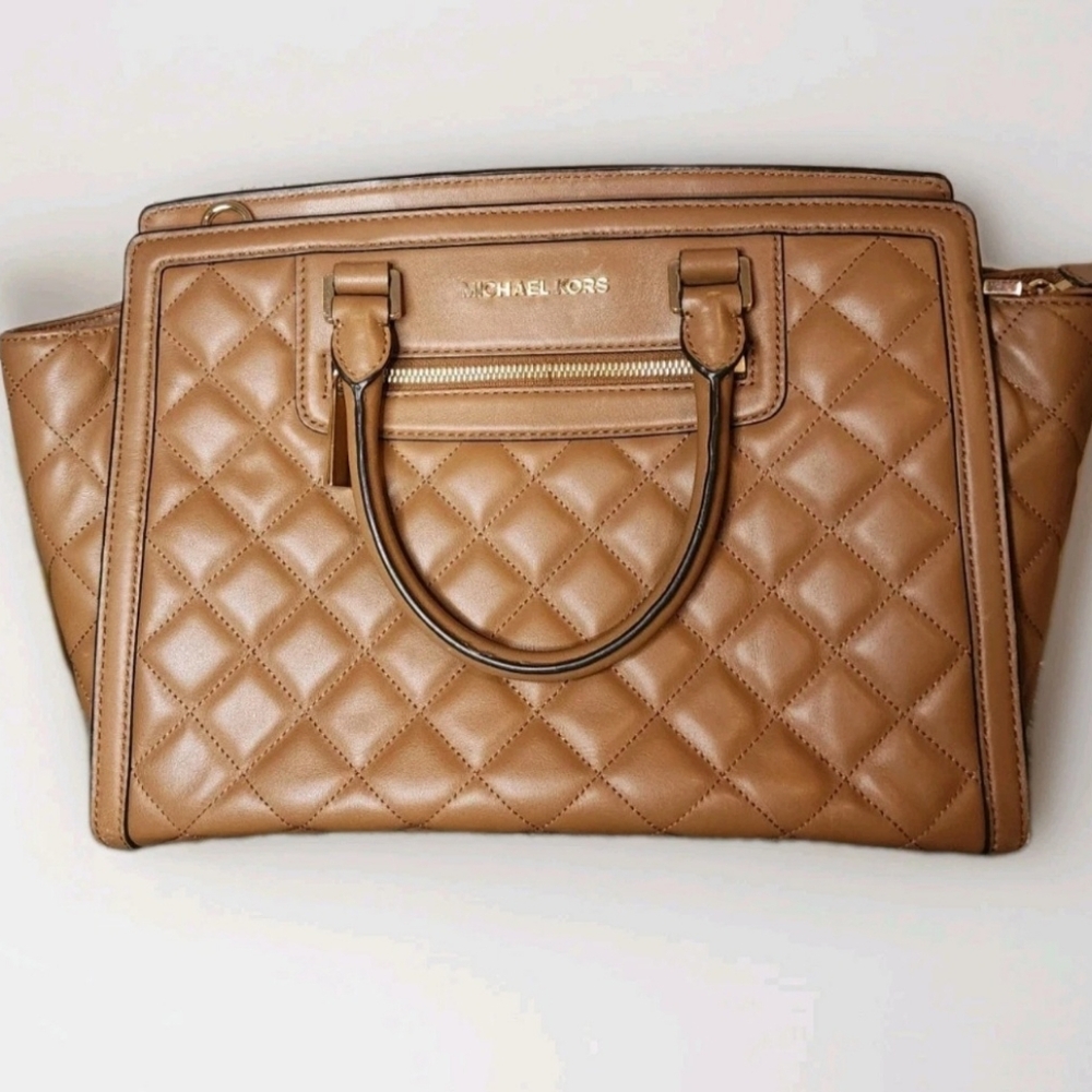 Michael Kors Selma Medium Brown Quilted Leather Satchel handbag